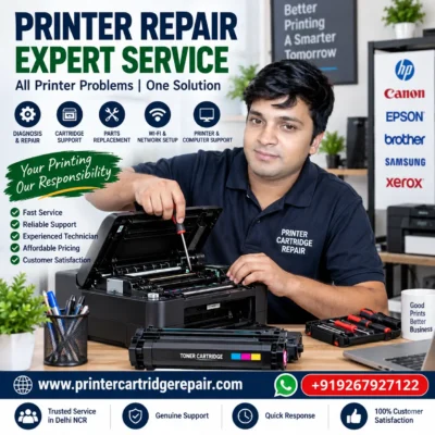 Printer repair expert working on a printer