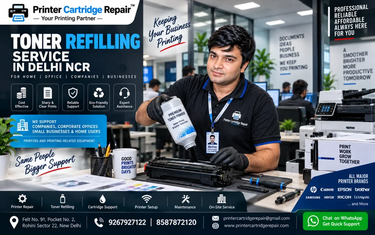 Akshay providing professional toner cartridge refilling service at a corporate office in Delhi NCR